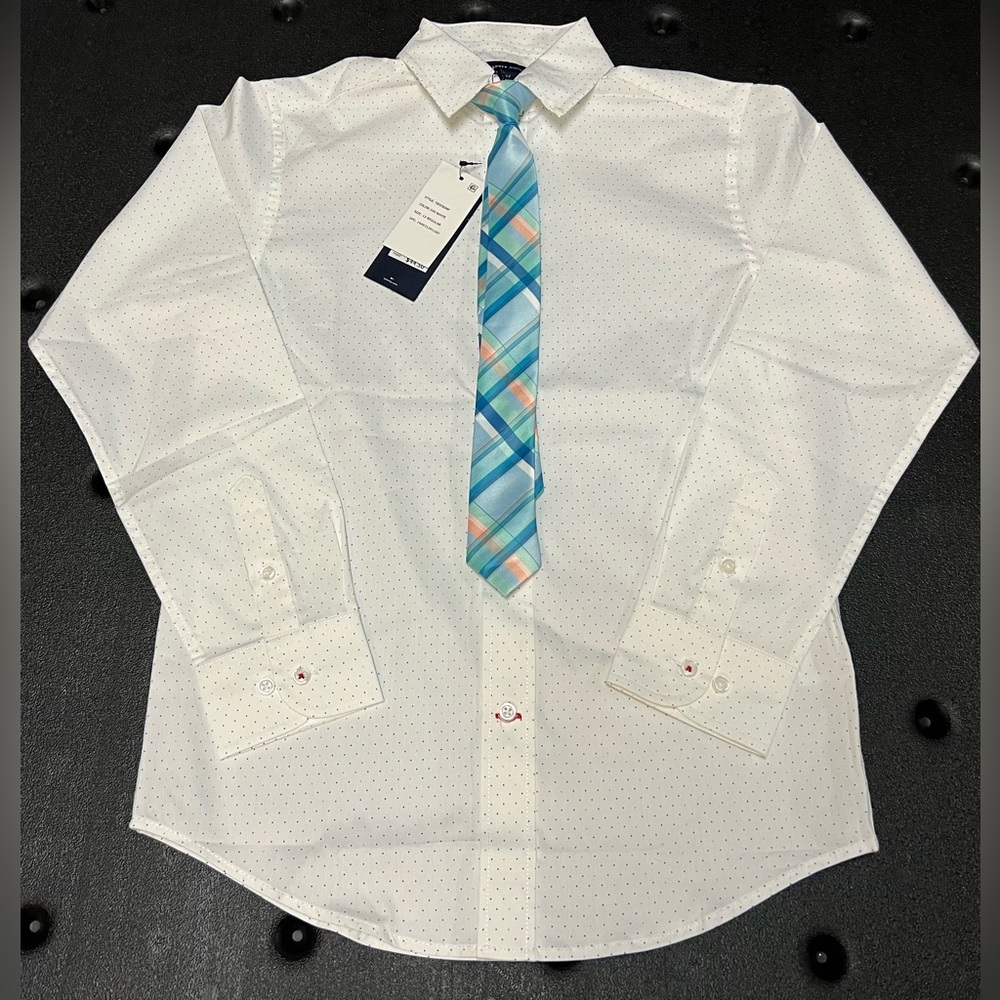 NWT Tommy Hilfiger Boy's TH Flex Size 12 White Dots Dress Shirt w/Tie NEW